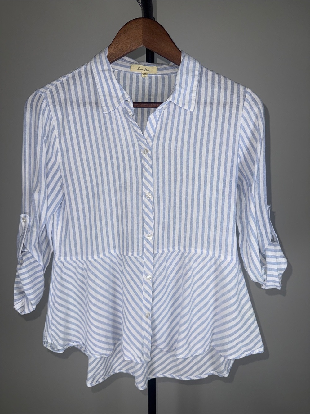 Love Notes Blue & White Striped Peplum Button-Up Shirt | Size M